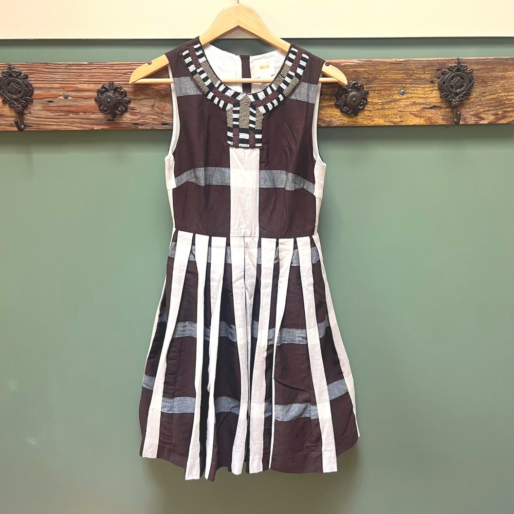 Maeve‎ Anthropologie Beaded Neck Plaid Fit and Flare Dress Brown Cream 4P